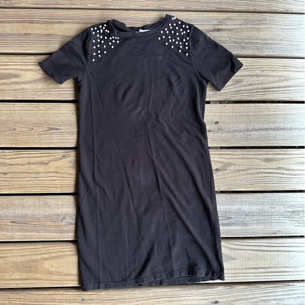 Zara Trafaluc Black Jersey Style‎ T-Shirt Small Dress White Beads Small Mini - Picture 10 of 11